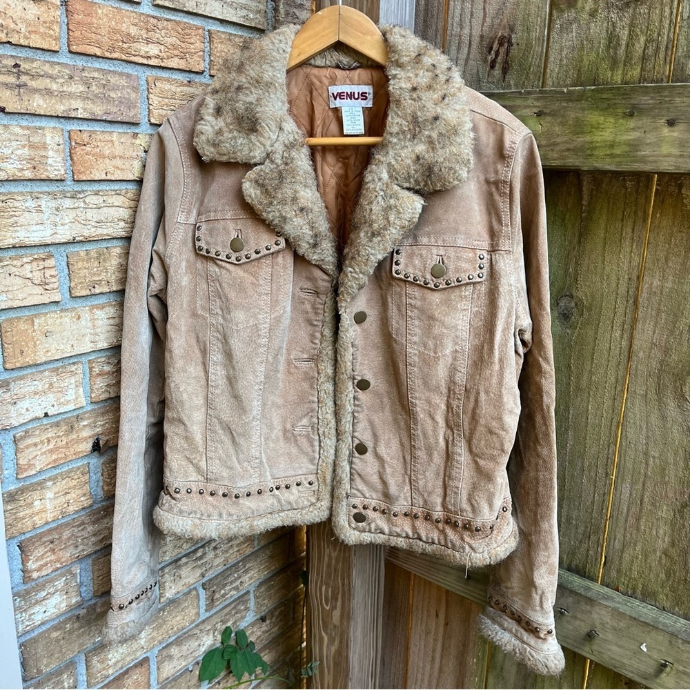 Y2K Vintage VENUS Brown Faux Fur 100% Leather Jacket